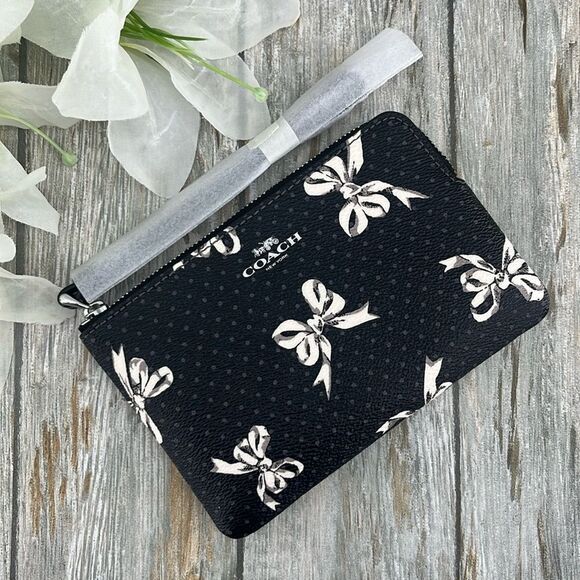 Coach Corner Zip Wristlet In Signature Canvas With Bow Print Bag Wallet Purse - Picture 3 of 11